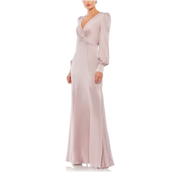 New Ieena for Mac Duggal Rose Pink Satin Bishop Sleeve Gown Size 16 Retail $398 - Picture 1 of 3